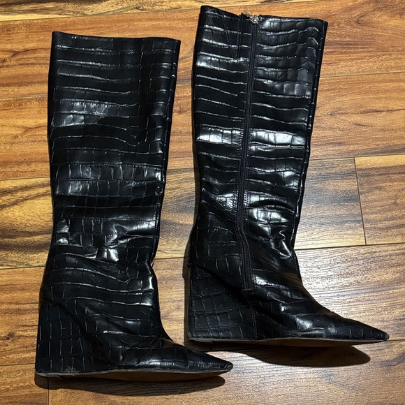 Black Croc-Embossed Knee-High Boots - Picture 1 of 8